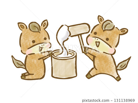 Hand-drawn illustration of two cute horses pounding rice cakes for New Year's cards 131138969