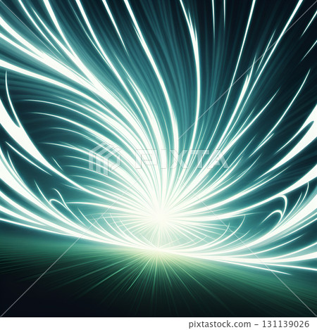 Abstract burst of bright white light streaks against a dark teal background with glowing green ground 131139026