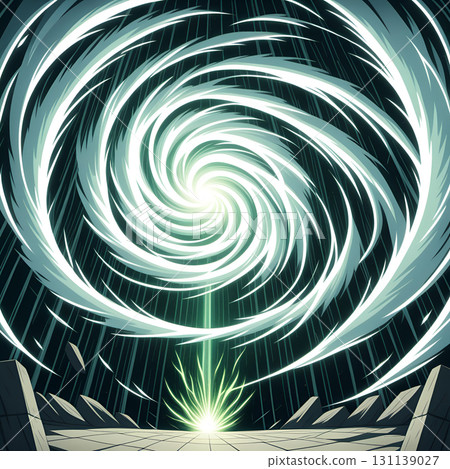 Swirling vortex of bright light with a green beam emanating upwards from a futuristic landscape 131139027