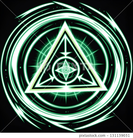 Mystical glowing geometric symbol with radiating green energy and concentric circles on black background Mystical glowing geometric symbol with radiating green energy and concentric circles on black background 131139031