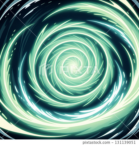 Radiant green energy vortex with glowing light swirling into a central point 131139051
