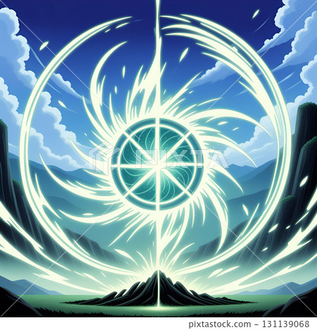 Mystical portal opens with cosmic energy erupting from mountain peak under a vibrant sky 131139068