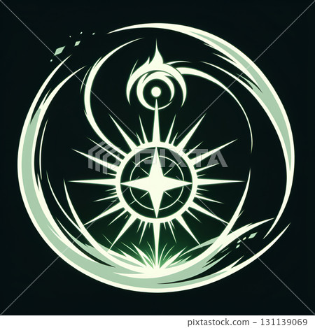 Luminous abstract symbol with starburst and swirling energy on dark background 131139069