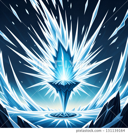 Bright blue crystal erupting with sharp icy shards against a dark starry sky Bright blue crystal erupting with sharp icy shards against a dark starry sky 131139164