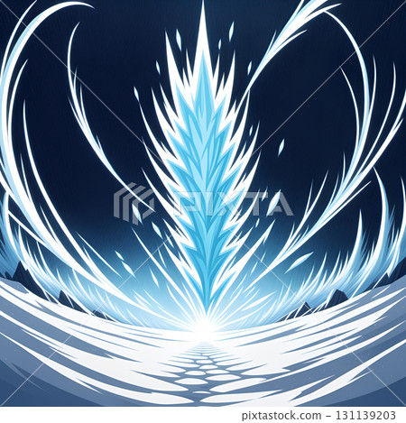Abstract blue ice crystal explosion bursts from snowy ground against dark night sky Abstract blue ice crystal explosion bursts from snowy ground against dark night sky 131139203