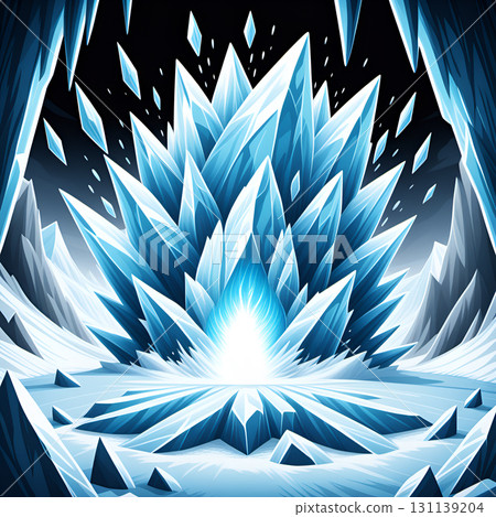 Vibrant blue ice crystals erupt from a glowing core in a frozen, icy landscape with jagged peaks Vibrant blue ice crystals erupt from a glowing core in a frozen, icy landscape with jagged peaks 131139204