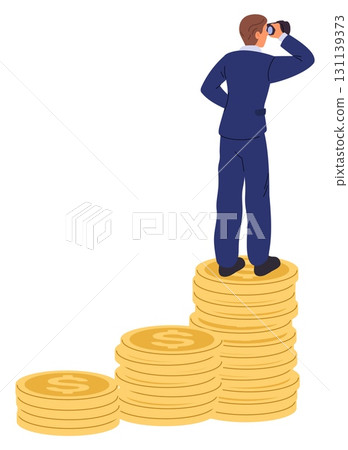 Businessman with binoculars stands on pile of coins. Man uses money for greater vision and financial success. Salary growth steps. Guy looking through spyglass at future. Vector concept Businessman with binoculars stands on pile of coins. Man uses money for greater vision and financial success. Salary growth steps. Guy looking through spyglass at future. Vector concept 131139373