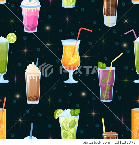 Drinks seamless pattern. Summer cocktails in glasses. Refreshing beverage cups with straws. Bar wineglass. Martini or margarita. Repeated print. Pina colada and mojito. Vector background 131139375