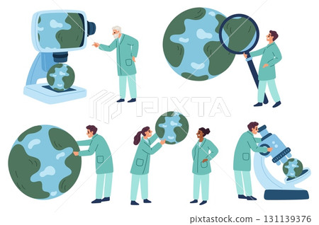 Environmental scientists study nature and ecology. Men and women care for Earth. People explore planet with microscope and magnifier. Scientific ecological research. Vector concepts set 131139376