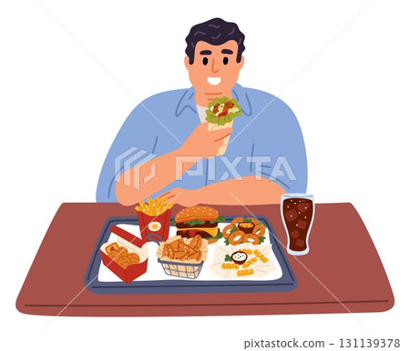 Fat man with tray full of junk fast food. Unhealthy lifestyle. Meal addiction. Obese guy eating burger and fries. Overweight male. Overeating disorder. Vector concept of poor nutrition Fat man with tray full of junk fast food. Unhealthy lifestyle. Meal addiction. Obese guy eating burger and fries. Overweight male. Overeating disorder. Vector concept of poor nutrition 131139378