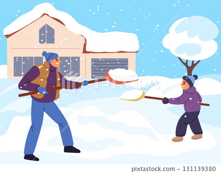Father and son in warm clothes clear snow near their house. Man and boy work together in winter backyard. Snowy yard cleaning. Happy family with shovels digging snowdrifts. Vector concept 131139380