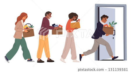 Fired employees leaving their jobs. Mass layoffs of people as result of crisis or financial problems. Men and women lost work in office. Dismissed managers carry boxes. Vector concept 131139381