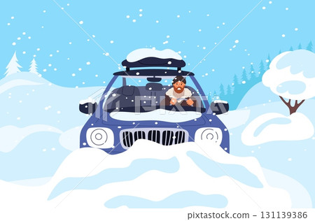Male driver lost control of car on snow covered city road. Winter snowfall. Vehicle skids on roadway. Frozen nature. Wintertime trip risk. Snowstorm blizzard. Auto drive. Vector concept 131139386