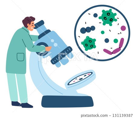 Male microbiologist conducts medical lab research on microbes using big microscope. Scientific biochemistry experiment. Scientist in laboratory. Virus and pathogen study. Vector concept 131139387