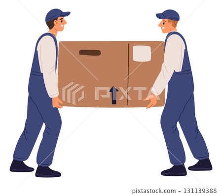 Male movers. Warehouse workers holding large cardboard box. Men carrying heavy parcel container. Freight transportation. Delivery and logistic. Package for relocation. Vector concept 131139388