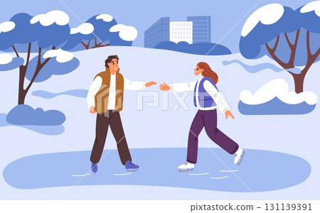 Man and woman are ice skating at rink. Couple in love spending time in winter city park. People walking outdoor. Cold season leisure. Romantic dating. New year weekend. Vector concept 131139391