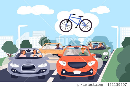 Sad male driver standing in traffic jam dreams of bicycle. Alternative to getting around in car. Transport collapse. City busy roadway. Man thinking about bike. Rush hour. Vector concept 131139397
