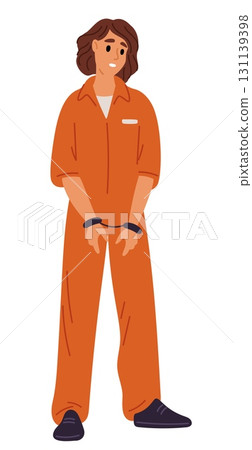 Sad young female prisoner in orange arrest clothes and handcuffs. Woman prison. Convicted robber. Convicted bandit. Thief in jail. Crime punishment. Standing lawbreaker. Vector concept 131139398