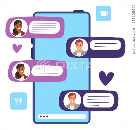 Smartphone screen with text message. Mobile communication between man and woman. Couple texting in chat or device messenger. Date application. Romantic mails exchange. Vector concept Smartphone screen with text message. Mobile communication between man and woman. Couple texting in chat or device messenger. Date application. Romantic mails exchange. Vector concept 131139403