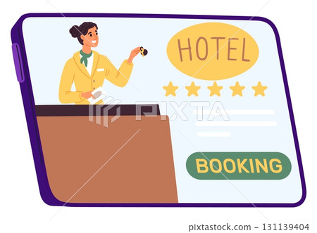Tablet with girl holding hotel room keys on screen. Hostel booking online. Smartphone display. Travel application. Internet reservation app. Receptionist at counter. Vector concept 131139404