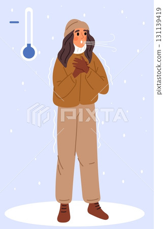 Young girl is freezing outside in winter. Cold season frost weather. Woman has become hypothermic due to low temperature. Shivering female character. Frozen thermometer. Vector concept 131139419