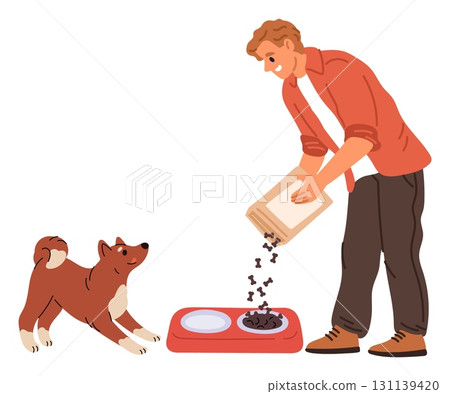 Young man feeds his favorite dog. Guy gives treats to his pet. Care of domestic animal. Owner feeding puppy. Male pouring canine food into feeder bowl. Nutrition for mammal. Vector concept Young man feeds his favorite dog. Guy gives treats to his pet. Care of domestic animal. Owner feeding puppy. Male pouring canine food into feeder bowl. Nutrition for mammal. Vector concept 131139420