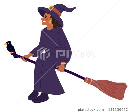 Young witch sits on flying broomstick with black raven. Halloween character flight. Mysterious wizard. Wicked hat and bird familiar. Isolated scary sorcerer. Vector witchcraft concept Young witch sits on flying broomstick with black raven. Halloween character flight. Mysterious wizard. Wicked hat and bird familiar. Isolated scary sorcerer. Vector witchcraft concept 131139422
