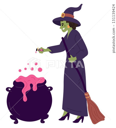 Young witch with green skin prepares spell potion in large cauldron. Halloween character. Wizard brewing magical elixir in boiler. Magician with broomstick. Vector witchcraft concept Young witch with green skin prepares spell potion in large cauldron. Halloween character. Wizard brewing magical elixir in boiler. Magician with broomstick. Vector witchcraft concept 131139424