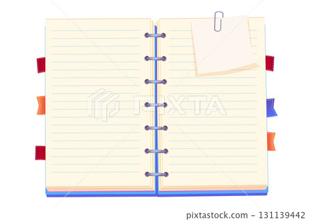 Notes open sheet, pages. bulletin paper, lined list notebook office or school blank notebook for homework and exercises. Sticky stickers reminders, notebook clippings, stationery, planner,  131139442