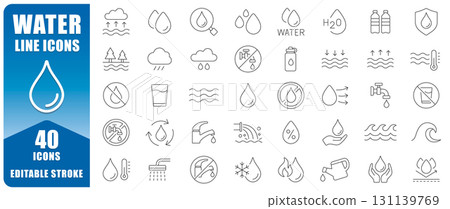Water Line Icon Set Features 40 Editable Stroke Thin Line Symbols Including Drops, Waves, Taps,  And H2O Elements. Perfect For Apps, Infographics, Websites, And Design Projects. Isolated Vector   131139769
