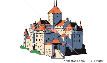 Majestic Medieval Castle Illustration, Vintage Style Majestic Medieval Castle Illustration, Vintage Style 131139885