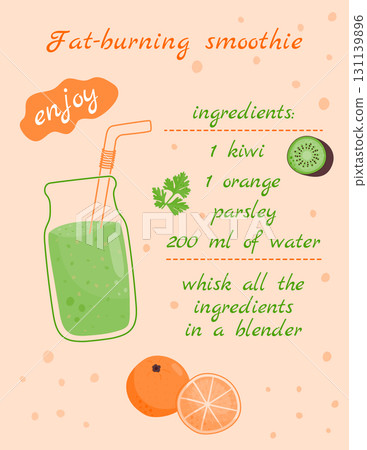 Recipe for a fat-burning smoothie. Orange, kiwi, parsley. Vector illustration of a healthy drink. 131139896