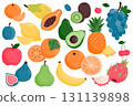 Set of ripe juicy fruits. Papaya, plum, avocado, pear, pitaya, tangerine, lemon, orange, apple, grapes, banana, cherry, fig, persimmon, pineapple, grapes. Vector illustration on a white background. 131139898