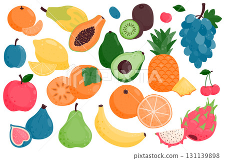 Set of ripe juicy fruits. Papaya, plum, avocado, pear, pitaya, tangerine, lemon, orange, apple, grapes, banana, cherry, fig, persimmon, pineapple, grapes. Vector illustration on a white background. 131139898
