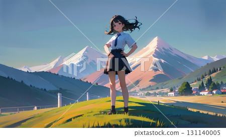 A high school girl standing on a hill at dusk A high school girl standing on a hill at dusk 131140005