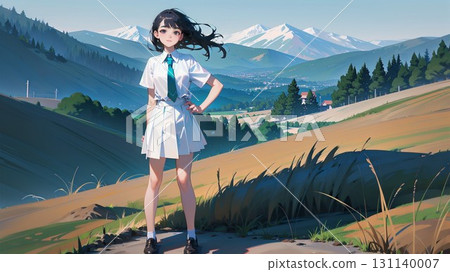 黃昏時分，一名高中女生站在山上 131140007