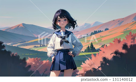 黃昏時分，一名高中女生站在山上 131140012