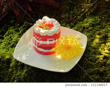 Fraisier mousse cake. Strawberry cake with sponge cake, mousse and jelly. 131140017
