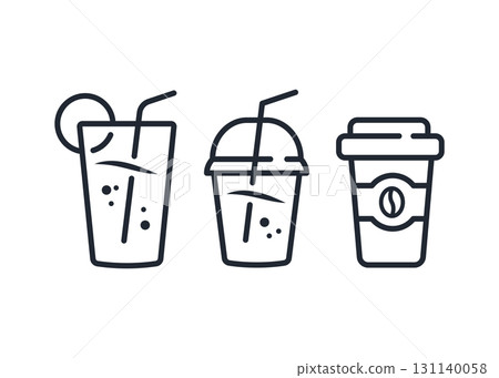 Drink Cup icon line set, Coffee and smoothie, juice Set of paper and plastic cups, stock illustration 131140058