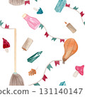 Watercolor seamless pattern with broom, potion bottle, mushrooms, crystals, gourd, candles, oak leaves, and festive garland. Great for Halloween decor, wrapping paper, textiles, and stationery 131140147