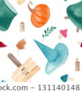 Watercolor seamless pattern with witch cauldrons, hat, pumpkin, wooden sign, leaves, composition isolated from the background. Perfect for Halloween wrapping paper, fabrics, cards, and seasonal decor 131140148