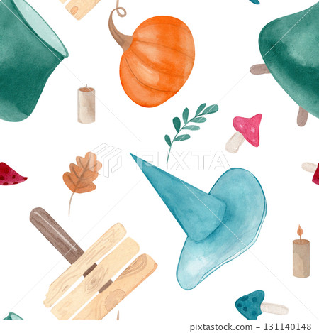 Watercolor seamless pattern with witch cauldrons, hat, pumpkin, wooden sign, leaves, composition isolated from the background. Perfect for Halloween wrapping paper, fabrics, cards, and seasonal decor 131140148