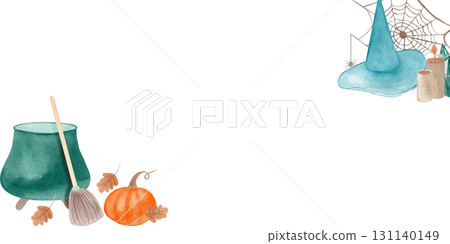 Watercolor Halloween frame with witch cauldron, broom, pumpkin, witch hat, cobweb on isolated background for Halloween greeting cards. for invitations, posters, cards, party decor, seasonal designs 131140149