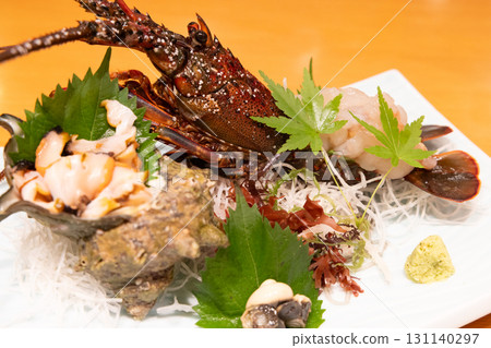 Delicious spiny lobster and turban shell sashimi 131140297