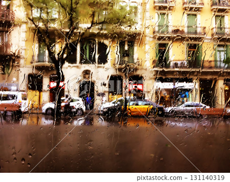 Raindrops on a window provide a unique view of a city street. A view of a city street through rain-covered window, with buildings and cars visible in the blurred background. Fall season abstract scene 131140319