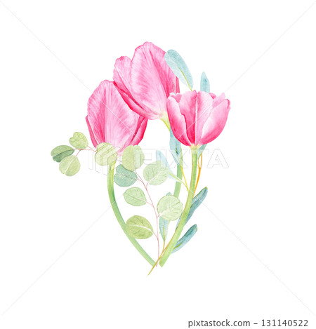 Tulips and eucalyptus bouquet watercolor illustration isolated on white. Perfect for wedding invitations, spring floral arrangements, cards, textile patterns, natural decor, botanical design. Spring Tulips and eucalyptus bouquet watercolor illustration isolated on white. Perfect for wedding invitations, spring floral arrangements, cards, textile patterns, natural decor, botanical design. Spring 131140522