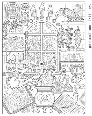 Hand drawn line art mystic illustration of Halloween witch table, window and shelves with magic ritual objects for adult coloring books, cards. Vector monochrome sketch artwork with high details. Hand drawn line art mystic illustration of Halloween witch table, window and shelves with magic ritual objects for adult coloring books, cards. Vector monochrome sketch artwork with high details. 131140569