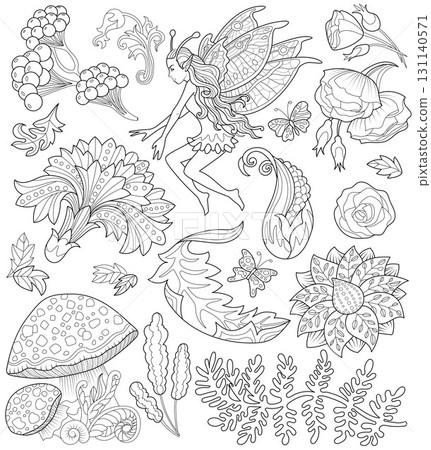 Hand drawn design set with flowers, floral elements, beautiful Elf girl. Vector line art doodle illustrations for clipart, stickers, coloring book with high details isolated on white background.  131140571
