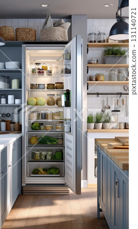 Modern prepper-style kitchen with an open fridge full of preserved foods, fresh vegetables and glass jars Modern prepper-style kitchen with an open fridge full of preserved foods, fresh vegetables and glass jars 131140721