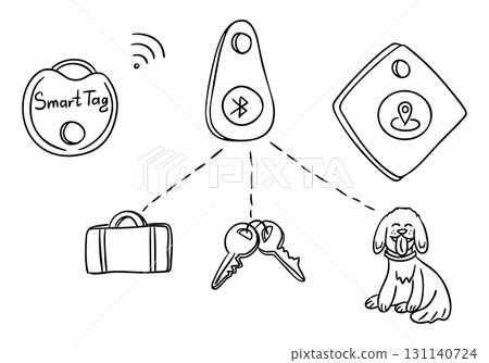 Smart tags and tracking devices connected to keys, bag, and pet in a simple hand drawn style Smart tags and tracking devices connected to keys, bag, and pet in a simple hand drawn style 131140724
